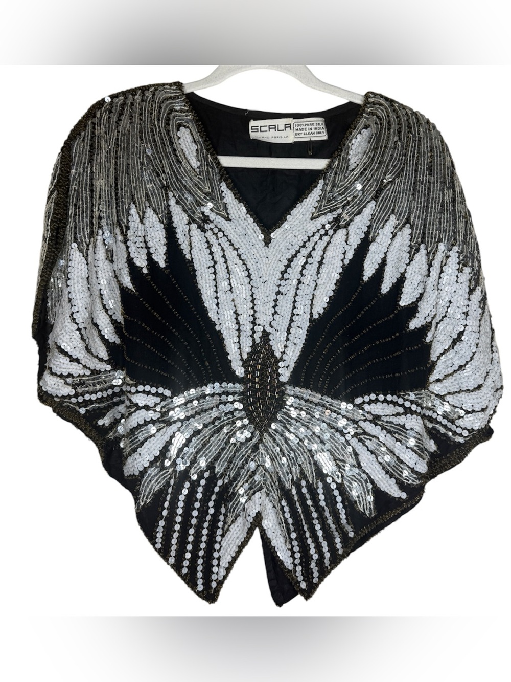 Vintage 80s Black + Silver Flower Blouse Top Glam Sequin Beaded Silk